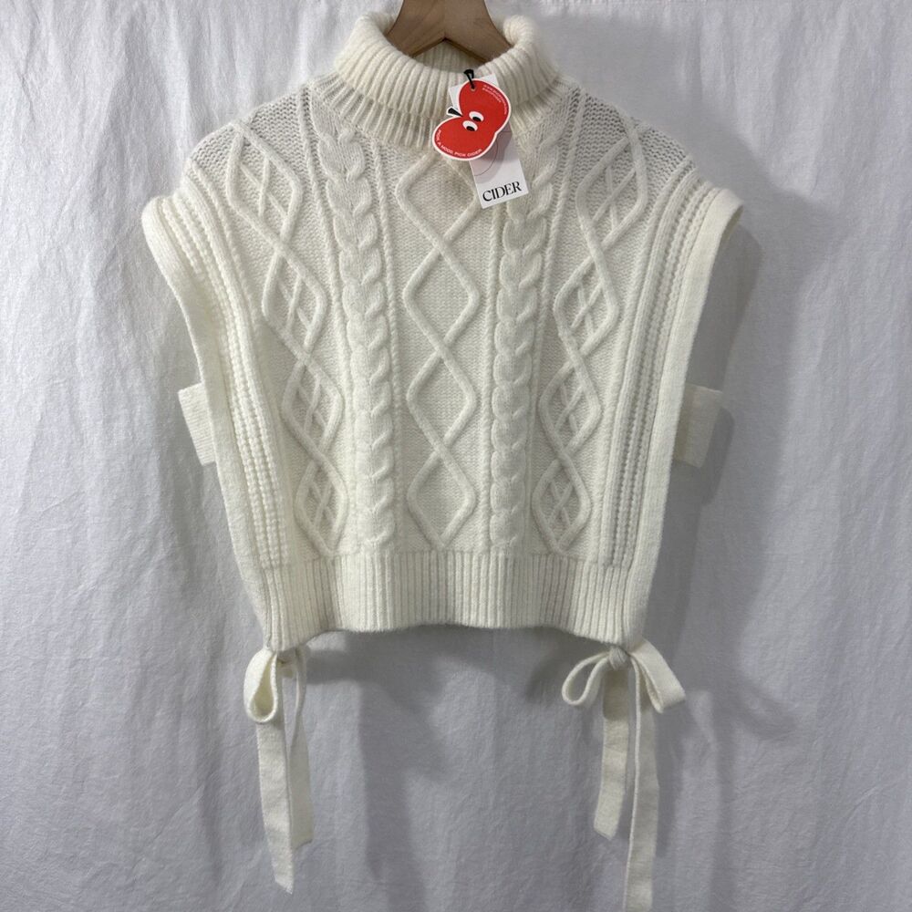 Cider White Ivory Side Tie Cableknit Sweater Vest Womens Sz M Academia Preppy